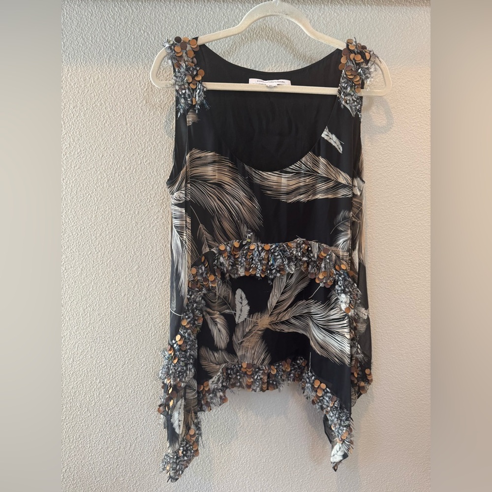 Diane Von Furstenberg Womens Silk Sleeveless Top Blouse Feathers Size 8